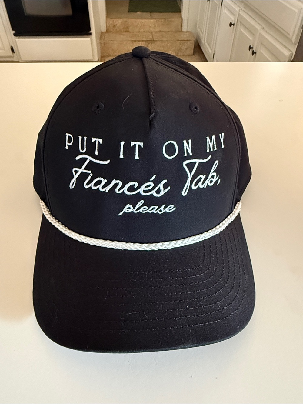 Black Embroidered Rope-Trim Baseball Cap - "Put It On My Fiancé's Tab, Please"